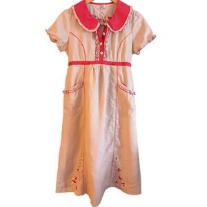 BB 100% Linen Retro Style Pink Piped Midi Dress Peter Pan collar Medium